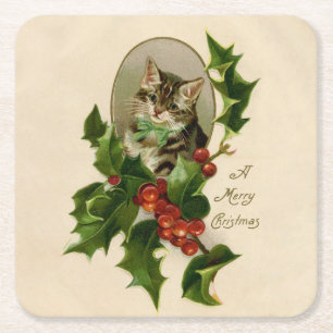Porta-copo De Papel Quadrado Feliz de Natal Holly Kitten Arte Antiquada