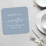 Porta-copo De Papel Quadrado Feliz Dia Após Casamento Azul Derramado<br><div class="desc">Porta copos empoeirada de papel azul para a sua recepção de casamento, janto de ensaio, festas de noivado, chás e outras celebrações de casamento com "Feliz Sempre Depois" em uma mistura de tipografia simples branca e um roteiro suave, seus primeiros nomes se juntaram por um coração e sua data de...</div>