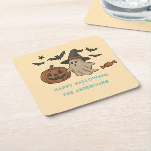 Porta-copo De Papel Quadrado Feliz Dia das Bruxas - Fantasmas, Morcegos e Doces