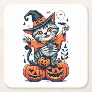 Porta-copo De Papel Quadrado Feliz Dia das Bruxas Gato Bruxa