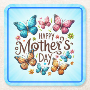Porta-copo De Papel Quadrado Feliz Dia das Mães com Clipart de Borboletas