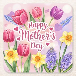 Porta-copo De Papel Quadrado Feliz Dia das Mães, flores da primavera,