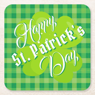Porta-copo De Papel Quadrado Feliz Dia de São Patrício Verde Tartan Trevo Sortu