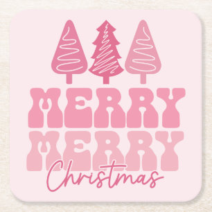 Porta-copo De Papel Quadrado Feliz Feliz Natal - Design de Férias Rosa
