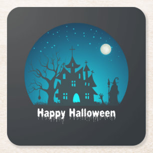 Porta-copo De Papel Quadrado Feliz Halloween Blue e Black Hauned House