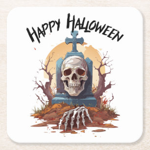 Porta-copo De Papel Quadrado Feliz Halloween Pedra Cabeça e Esqueleto
