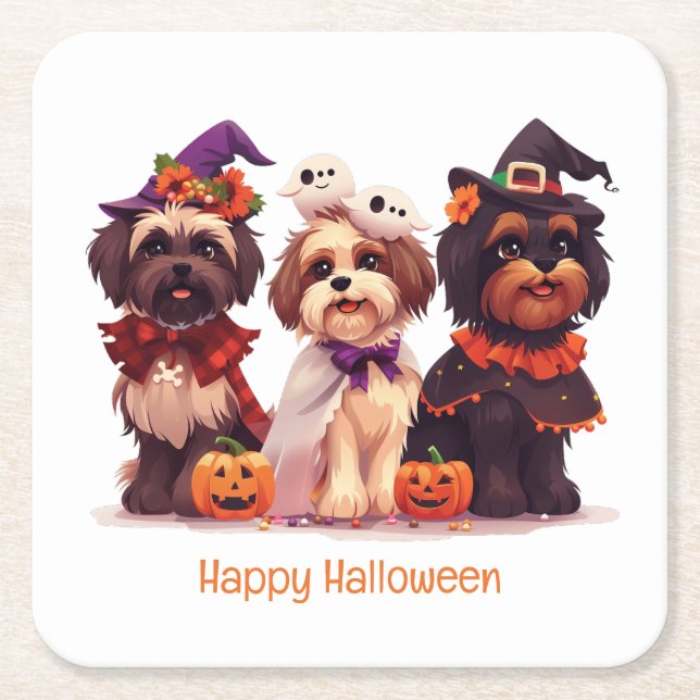 Porta-copo De Papel Quadrado Feliz Halloween Shih Tzu Dogs (Frente)