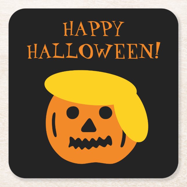 Porta-copo De Papel Quadrado Feliz Halloween Trump Cabeça de Abóbora (Frente)