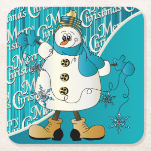 Porta-copo De Papel Quadrado Feliz Natal Blue Snowman