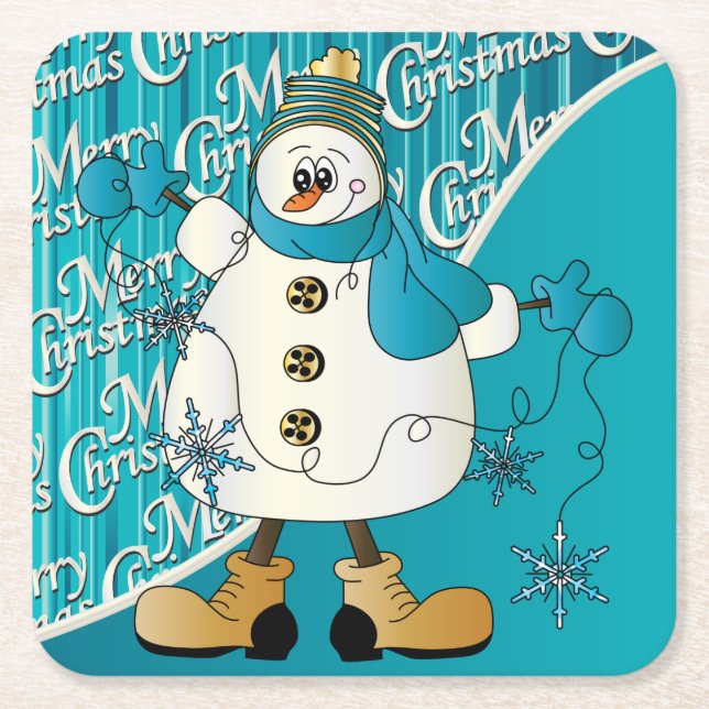 Porta-copo De Papel Quadrado Feliz Natal Blue Snowman (Frente)