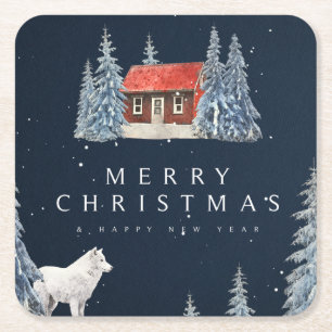 Porta-copo De Papel Quadrado Feliz Natal/Cabina de inverno de neve com Lobo