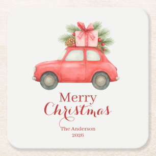 Porta-copo De Papel Quadrado Feliz Natal Carro Vermelho – Férias Personalizadas