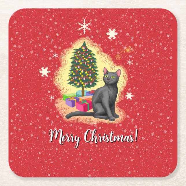 Porta-copo De Papel Quadrado Feliz Natal Cat (Frente)