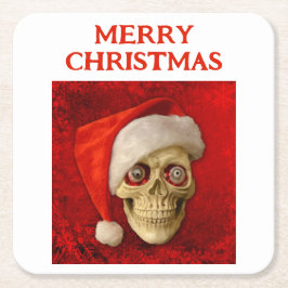 Porta-copo De Papel Quadrado Feliz Natal. Caveira usando chapéu de Papai Noel