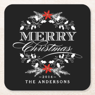 Porta-copo De Papel Quadrado Feliz Natal Chalkboard Holly Wreath Typografia