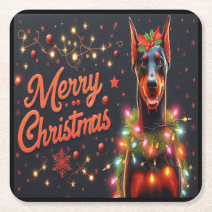 Porta-copo De Papel Quadrado Feliz Natal Doberman Dog Twinkling Luzes Xmas