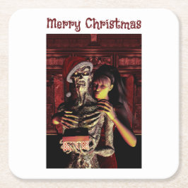Porta-copo De Papel Quadrado Feliz Natal. Esqueleto engraçado com mulher