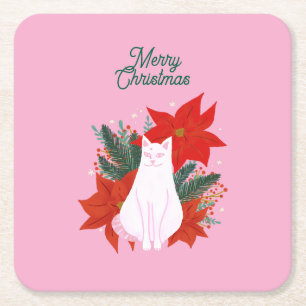 Porta-copo De Papel Quadrado Feliz Natal Gato Floral
