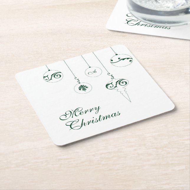 Porta-copo De Papel Quadrado Feliz Natal GreenMonograma Bauble Ornaments (Inclinado)