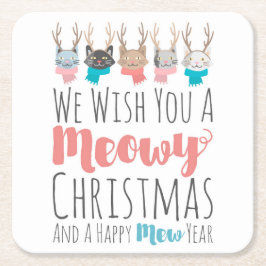 Porta-copo De Papel Quadrado 'Feliz Natal Meowy' Gatos de Natal com Chifres Div