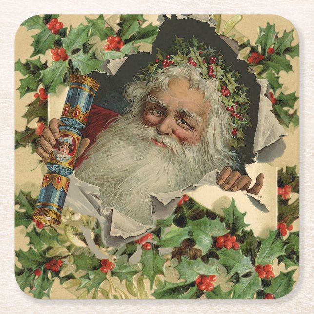 Porta-copo De Papel Quadrado Feliz Natal Pai Natal Claus Antiquado clássico (Frente)