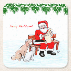 Porta-copo De Papel Quadrado Feliz Natal - Papai Noel com Gato e Cachorro