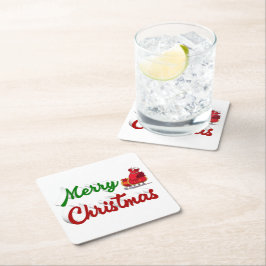 Porta-copo De Papel Quadrado Feliz Natal Papais noeis Sleigh red green script