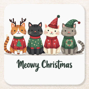 Porta-copo De Papel Quadrado Feliz Natal para Quatro Gatos