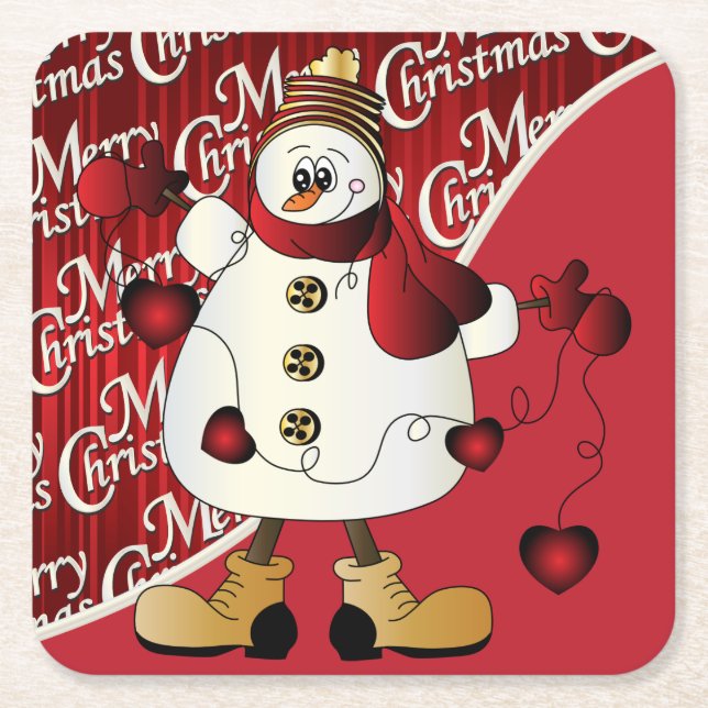 Porta-copo De Papel Quadrado Feliz Natal Red Snowman (Frente)