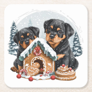 Porta-copo De Papel Quadrado Feliz Natal Rottweiler Cães Gingerbis House