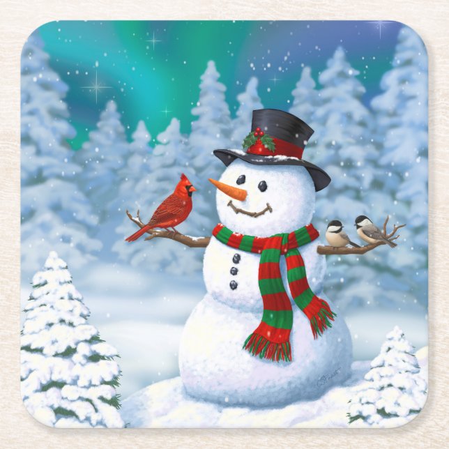 Porta-copo De Papel Quadrado Feliz Natal Snowman e Birds Cena de Inverno (Frente)