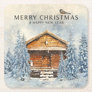 Porta-copo De Papel Quadrado Feliz Natal/Snowy Winter Cabin com Chickadee