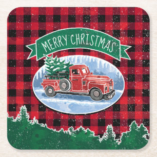 Porta-copo De Papel Quadrado Feliz Natal Xadrez de Caminhão Vermelho de Vintag