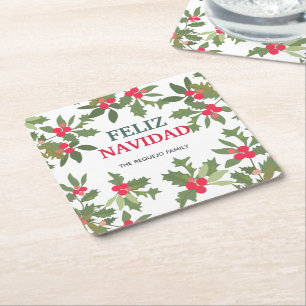 Porta-copo De Papel Quadrado Feliz Navidad Red Holly Berries Natal