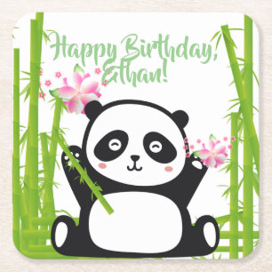 Porta-copo De Papel Quadrado Feliz Panda com Bambu e Flor de Cereja