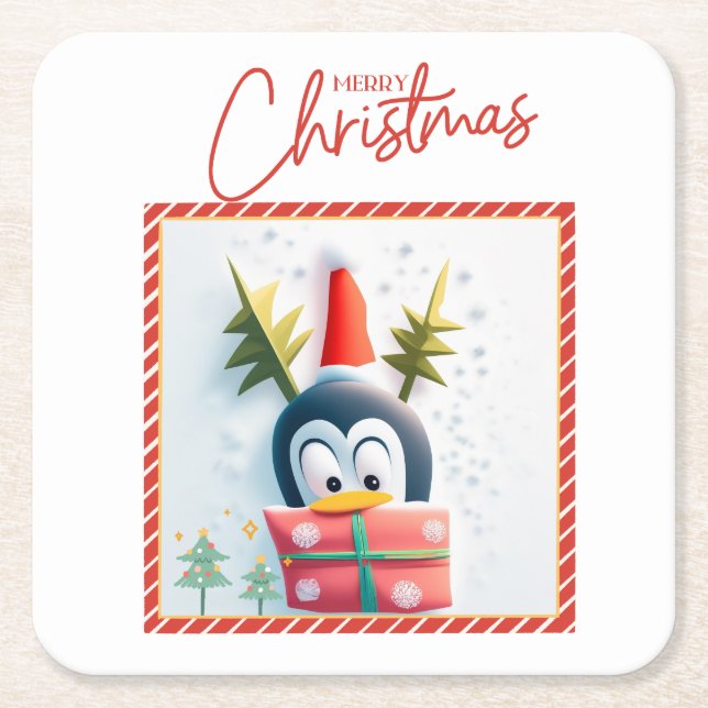Porta-copo De Papel Quadrado Feliz Pinguim de Natal (Frente)