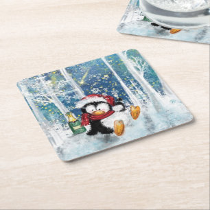 Porta-copo De Papel Quadrado Feliz pinguim - Natal