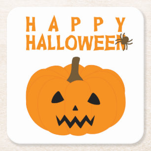 Porta-copo De Papel Quadrado Feliz texto de Halloween e abóbora em branco