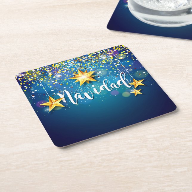 Porta-copo De Papel Quadrado Felize Navidad Dourada Stars Natal (Inclinado)