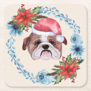 Porta-copo De Papel Quadrado Feriado de Bulldog do Boné papai noel