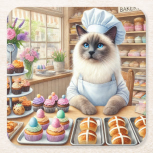 Porta-copo De Papel Quadrado Feriado de Gato BAKERY que trabalha durante o feri