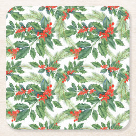 Porta-copo De Papel Quadrado Feriado Floral de Natal Red Berries Green Holly