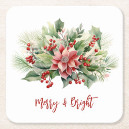 Porta-copo De Papel Quadrado Férias de Natal da feliz Bright Poinsettia Berries