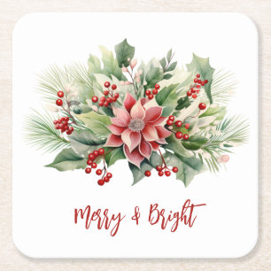 Porta-copo De Papel Quadrado Férias de Natal da feliz Bright Poinsettia Berries