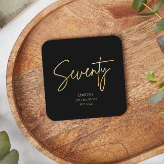 Porta-copo De Papel Quadrado Festa de 70 anos elegante em preto e dourado