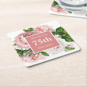 Porta-copo De Papel Quadrado Festa de 75 anos Vintage Blush Rosa Floral