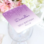 Porta-copo De Papel Quadrado Festa de aniversário de 30 anos de Drivers de Glit<br><div class="desc">Estas portas copos de papel de aniversário de 30 anos chic apresentam uma borda de gotejamento fina brilhante e roxa e fundo ombre roxo. Personalize-os com o nome de convidado de honra em um roteiro de escrita manual roxo,  com seu aniversário e data abaixo na fonte sans serif.</div>