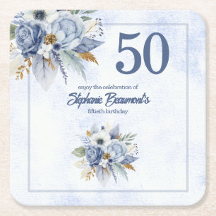 Porta-copo De Papel Quadrado Festa de Aniversário de 50 Anos Feminina com Flora