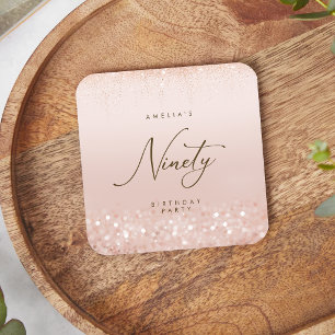 Porta-copo De Papel Quadrado Festa de Aniversário de 90 anos em Rose Gold Glitt