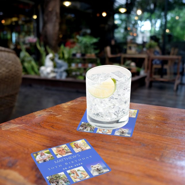 Porta-copo De Papel Quadrado Festa de aniversário de colagem azul-real (Criador carregado)